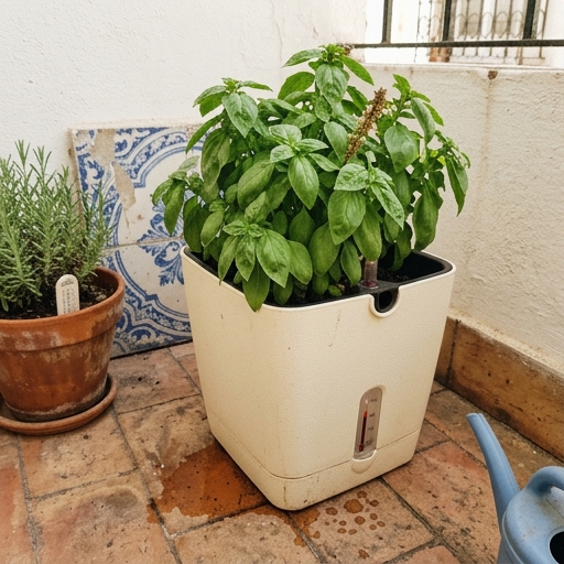 Rega Automática em Férias: Vasos e Gota-a-Gota 2 Vaso auto-irrigável de plástico claro com indicador de nível e manjericão (Ocimum basilicum) numa varanda portuguesa.