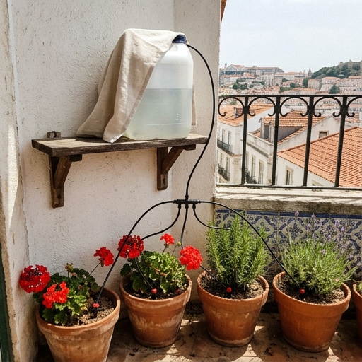 Rega Automática em Férias: Vasos e Gota-a-Gota 4 Garrafão de 5 litros elevado sobre prateleira a alimentar por gravidade tubo gota-a-gota em vasos de sardinheiras (Pelargonium).