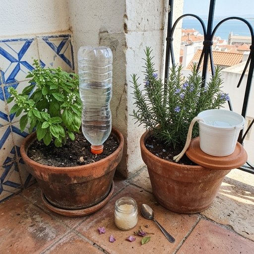 Rega Automática em Férias: Vasos e Gota-a-Gota 5 Garrafa PET invertida enterrada num vaso de manjericão (Ocimum basilicum) e mecha de algodão de um balde para outro vaso.