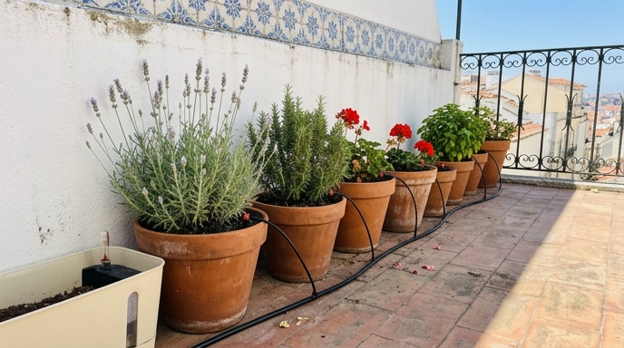 Varanda lisboeta em agosto com vasos de terracota e tubo gota-a-gota a regar alfazema (Lavandula angustifolia) e alecrim (Salvia rosmarinus).