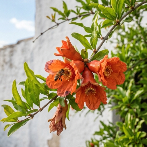 Romãzeira: Beleza e Fruto para Jardins Portugueses 7 Pormenor de flores tubulares vermelho-alaranjadas da romãzeira (Punica granatum) com abelha pousada.