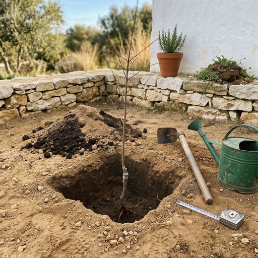 Romãzeira: Beleza e Fruto para Jardins Portugueses 8 Cova de plantação de 50 cm com romãzeira (Punica granatum) jovem, terra misturada com composto e enxada ao lado.