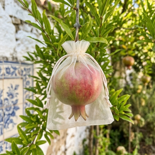 Romãzeira: Beleza e Fruto para Jardins Portugueses 9 Armadilha de organza a envolver uma romã (Punica granatum) em maturação no ramo, contra a mosca-do-mediterrâneo.