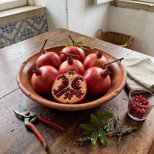Romãzeira: Beleza e Fruto para Jardins Portugueses 10 Romãs (Punica granatum) maduras colhidas, uma aberta a mostrar bagos vermelhos, numa taça de barro sobre mesa de madeira.