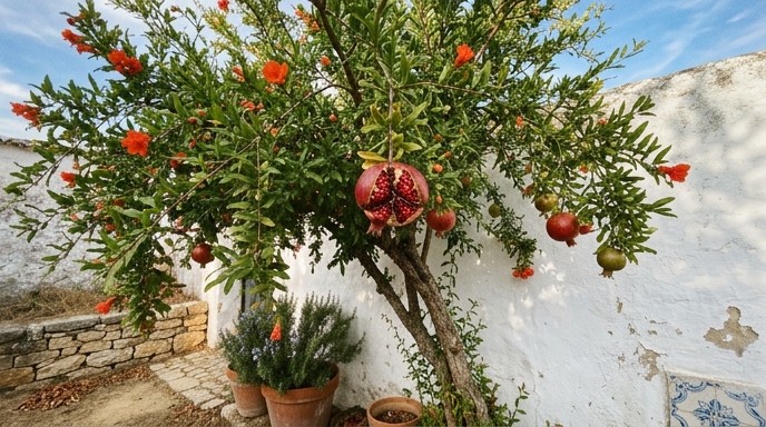 Romãzeira (Punica granatum) em flor e com romãs maduras junto a um muro caiado num jardim do sul de Portugal.
