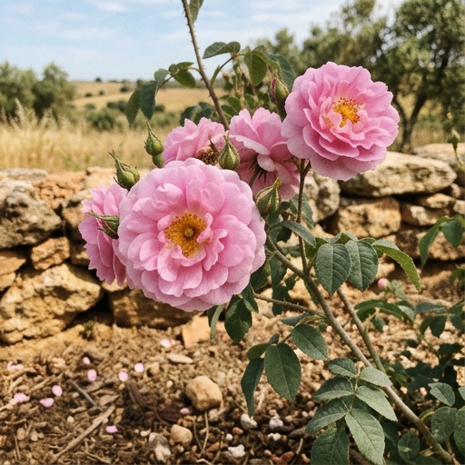 Roseira damascena (Rosa damascena) com flores cor-de-rosa perfumadas a florir junto a um muro de pedra num jardim alentejano.