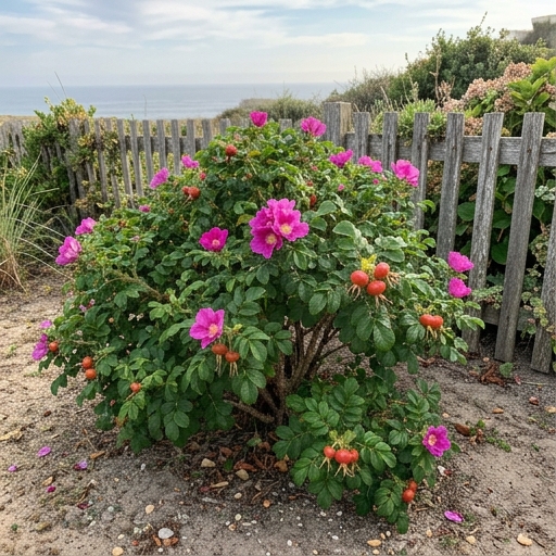 Rosa-rugosa (Rosa rugosa) com flores cor-de-rosa e bagas vermelhas (rose hips) junto à costa atlântica do norte de Portugal.