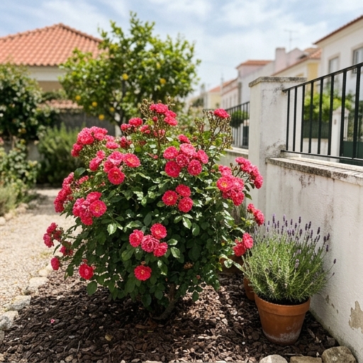 Roseira moderna arbustiva resistente a doenças em pleno sol num jardim de Lisboa com floração abundante em junho.