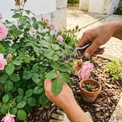 Mãos a remover flores murchas (deadheading) de uma roseira com tesoura de poda, em jardim português de verão.