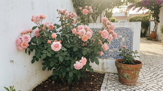 Roseira arbustiva (Rosa spp.) com flores rosadas junto a parede caiada e azulejos azuis num jardim português de verão.