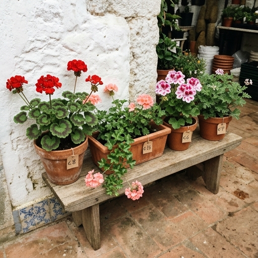 Sardinheiras: Guia Completo das Flores Icónicas das Varandas Portuguesas 7 Bancada de viveiro português com vasos de sardinheira-zonal (Pelargonium × hortorum), sardinheira-de-pendurar e gerânio-régio lado a lado.