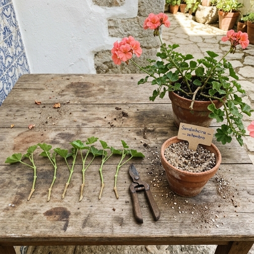 Sardinheiras: Guia Completo das Flores Icónicas das Varandas Portuguesas 8 Estacas de sardinheira (Pelargonium peltatum) de 10 cm sobre uma mesa de madeira, ao lado de um vaso com substrato leve e uma tesoura de jardim.