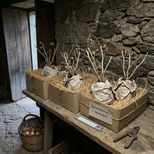 Sardinheiras: Guia Completo das Flores Icónicas das Varandas Portuguesas 9 Sardinheiras podadas e embrulhadas em papel de jornal, dentro de caixas de cartão com palha, numa despensa fresca do interior português.