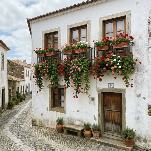 Sardinheiras: Guia Completo das Flores Icónicas das Varandas Portuguesas 10 Fachada caiada de casa em Óbidos com jardineiras alinhadas de sardinheira-de-pendurar (Pelargonium peltatum) vermelhas e rosa em cascata sobre o gradeamento.