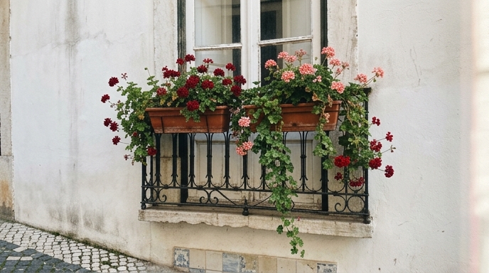 Janela de prédio antigo lisboeta com jardineiras de barro e sardinheiras-de-pendurar (Pelargonium peltatum) vermelhas em cascata sobre o gradeamento de ferro forjado.