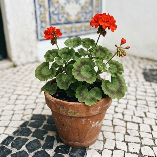 Sardinheira zonal (Pelargonium × hortorum) com flores vermelhas e folhas verdes marcadas pela zona escura.