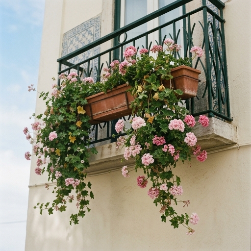 Sardinheira de hera (Pelargonium peltatum) com flores rosa em cascata, na grade de uma varanda portuguesa.