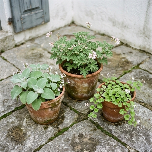 Folhas aromáticas de sardinheiras perfumadas (Pelargonium graveolens e tomentosum) em vasos de barro num pátio.