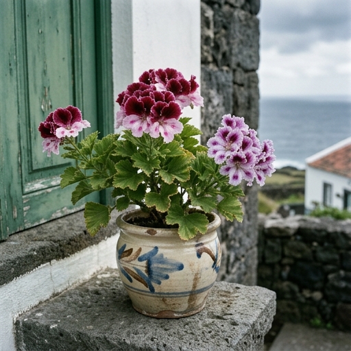 Sardinheira regal (Pelargonium × domesticum) em vaso com flores bicolores marcadas, em varanda azoriana sombreada.