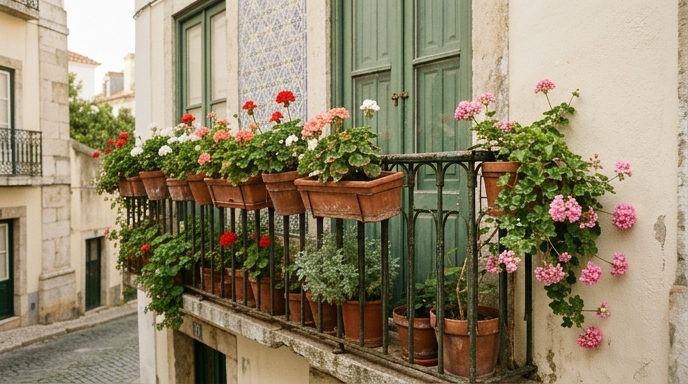 Varanda lisboeta com sardinheiras (Pelargonium) vermelhas, rosa e brancas em vasos de barro sobre grade de ferro forjado.
