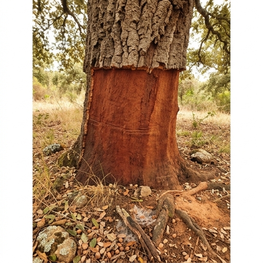 O Sobreiro e o Solo: Lições da Floresta para o Teu Jardim 7 Tronco de sobreiro (Quercus suber) recém-descortiçado, com base cor de ferrugem e folhada à volta.