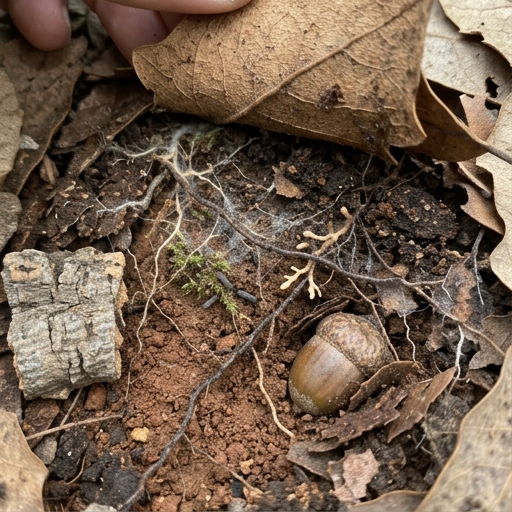 O Sobreiro e o Solo: Lições da Floresta para o Teu Jardim 8 Folhada de sobreiro com raízes superficiais e finos filamentos brancos de micorrizas no solo.