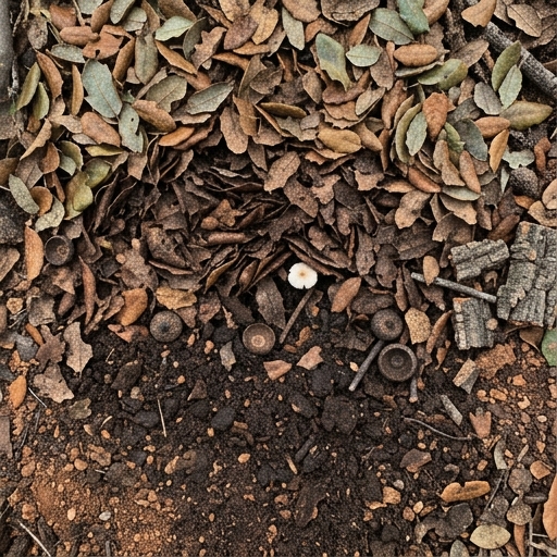 O Sobreiro e o Solo: Lições da Floresta para o Teu Jardim 9 Camada de folhas de sobreiro em decomposição sobre solo escuro e rico em húmus.