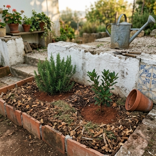 O Sobreiro e o Solo: Lições da Floresta para o Teu Jardim 10 Camada de folhas picadas espalhada como cobertura morta num canteiro de jardim português.