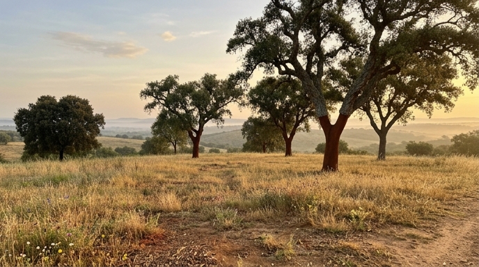 Montado alentejano ao amanhecer com sobreiros (Quercus suber) espaçados sobre pastagem dourada.
