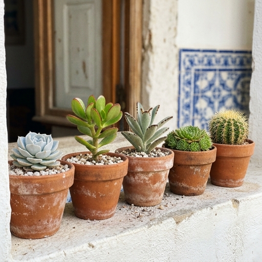 Suculentas e Cactos no Peitoril Sul: Coleção Sem Stress 7 Echevéria (Echeveria elegans), jade (Crassula ovata) e cacto-bola (Echinocactus grusonii) em vasos de barro alinhados num peitoril claro.