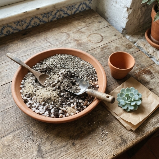 Suculentas e Cactos no Peitoril Sul: Coleção Sem Stress 8 Substrato mineral para suculentas — turfa, perlite, areia grossa e gravilha — a ser misturado numa tigela de barro.