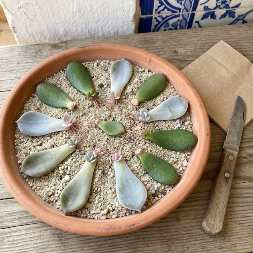 Suculentas e Cactos no Peitoril Sul: Coleção Sem Stress 9 Folhas de jade (Crassula ovata) e echevéria (Echeveria elegans) a enraizar sobre substrato seco, com pequenas rosetas a brotar.