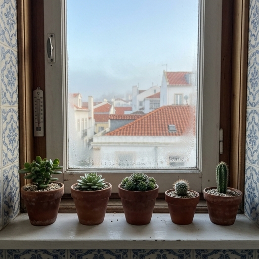 Suculentas e Cactos no Peitoril Sul: Coleção Sem Stress 10 Vasos de suculentas e cactos afastados do vidro num peitoril, numa manhã fria de inverno em Portugal.