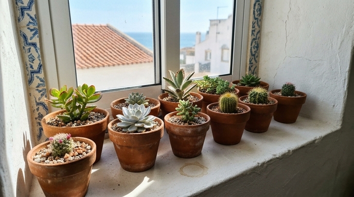 Coleção de suculentas e cactos em pequenos vasos de barro num peitoril sul, em frente a uma janela com azulejos azuis e brancos.
