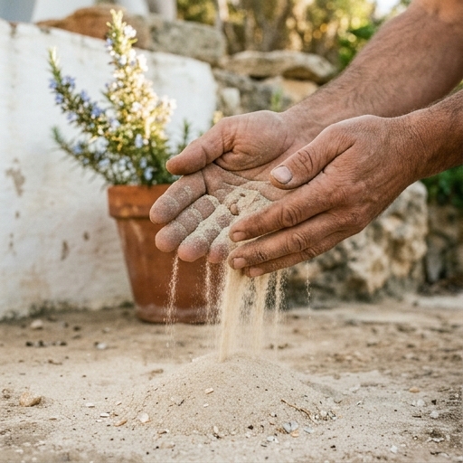 Tipos de Solo em Portugal: Do Algarve ao Norte 6 Mãos de jardineiro a deixar escorrer solo arenoso claro típico do litoral algarvio, com vaso de barro ao fundo.