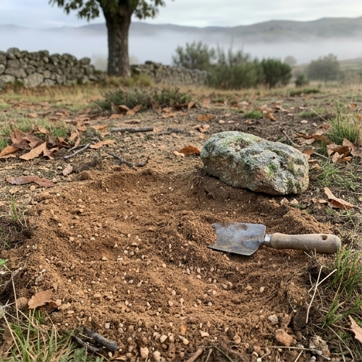 Tipos de Solo em Portugal: Do Algarve ao Norte 7 Solo granítico de Trás-os-Montes com tons avermelhados e fragmentos de granito visíveis, junto a um muro de pedra.