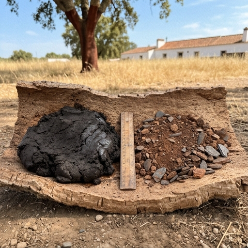 Tipos de Solo em Portugal: Do Algarve ao Norte 8 Duas amostras de solo alentejano lado a lado: barro escuro pesado de Vendas Novas e xisto avermelhado pouco profundo do interior.