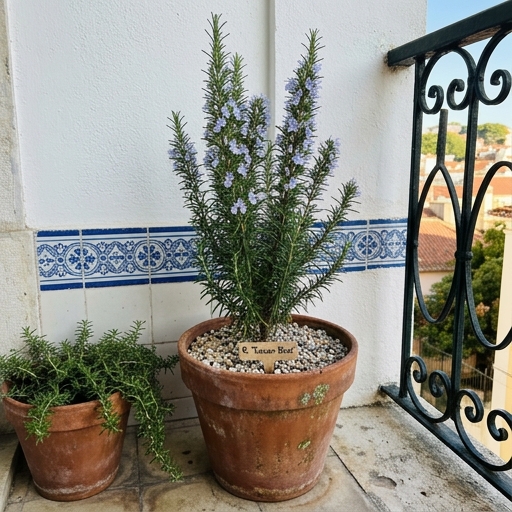 Varanda Aromática: Jasmim, Alfazema e Alecrim Perfumados 7 Alecrim (Salvia rosmarinus) 'Tuscan Blue' em vaso de barro de 30 cm com flores azuladas a abrir no final do inverno.