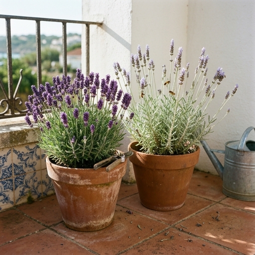 Varanda Aromática: Jasmim, Alfazema e Alecrim Perfumados 8 Vasos de alfazema (Lavandula angustifolia) 'Hidcote' e lavandim (Lavandula × intermedia) em flor em junho, numa varanda portuguesa.