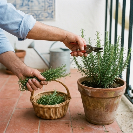 Varanda Aromática: Jasmim, Alfazema e Alecrim Perfumados 10 Poda ligeira do alecrim (Salvia rosmarinus) com tesoura de jardim sobre vaso de barro, após a floração de primavera.