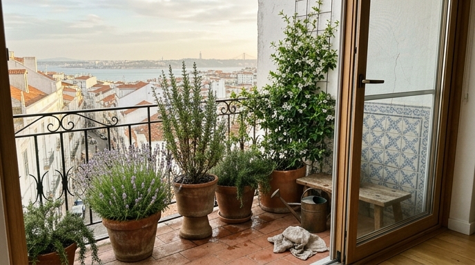 Varanda lisboeta perfumada com jasmim (Jasminum officinale), alfazema (Lavandula angustifolia) e alecrim (Salvia rosmarinus) em vasos de barro.