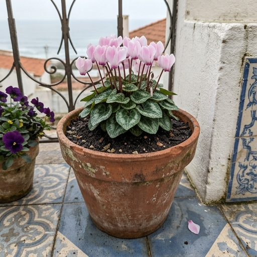 Varanda Outono-Inverno: Flores com Cor no Inverno Português 7 Vaso de ciclâmen-de-jardim (Cyclamen persicum) com flores rosadas numa varanda portuguesa de inverno.