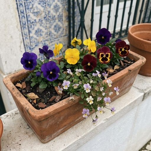 Varanda Outono-Inverno: Flores com Cor no Inverno Português 8 Jardineira de 40 cm com amores-perfeitos (Viola × wittrockiana) e violas (Viola cornuta) em flor numa varanda lisboeta.