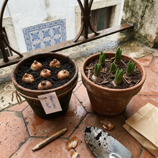 Varanda Outono-Inverno: Flores com Cor no Inverno Português 9 Vasos de terracota com bolbos de narciso (Narcissus) e jacinto (Hyacinthus orientalis) recém-plantados numa varanda portuguesa.