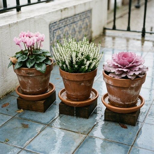 Varanda Outono-Inverno: Flores com Cor no Inverno Português 10 Vasos de terracota levantados em calços de madeira sobre o chão de uma varanda portuguesa, com escoamento da chuva atlântica.