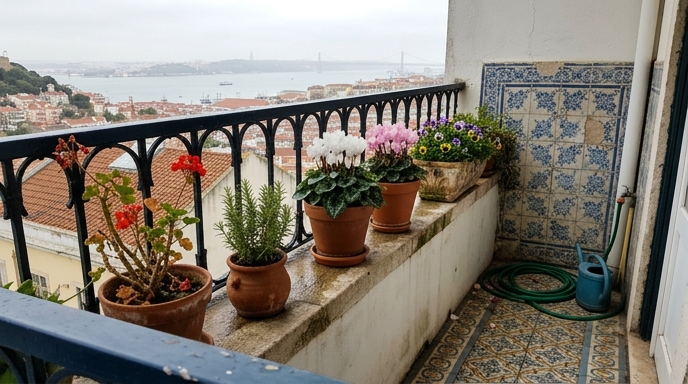 Varanda portuguesa em outubro com vasos de ciclâmen (Cyclamen persicum), amores-perfeitos e sardinheiras junto a azulejos azuis.