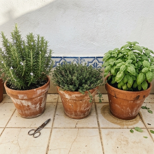 Três vasos de terracota com alecrim (Rosmarinus officinalis), tomilho (Thymus vulgaris) e manjericão (Ocimum basilicum) numa varanda soalheira.