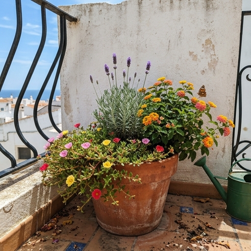 Jardineira com lantana (Lantana camara) amarela e laranja, portulaca (Portulaca grandiflora) e alfazema (Lavandula angustifolia) sobre fundo caiado.