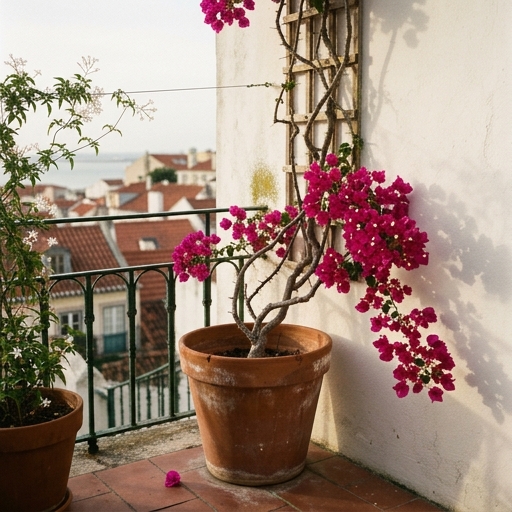 Buganvília (Bougainvillea spectabilis) fúcsia a trepar por treliça encostada à parede caiada de uma varanda em Lisboa, com vasos de terracota em baixo.