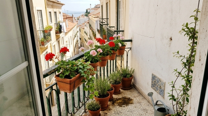 Varanda lisboeta soalheira com sardinheiras vermelhas (Pelargonium spp.) em vasos de barro e jasmim a descer sobre o gradeamento de ferro forjado.